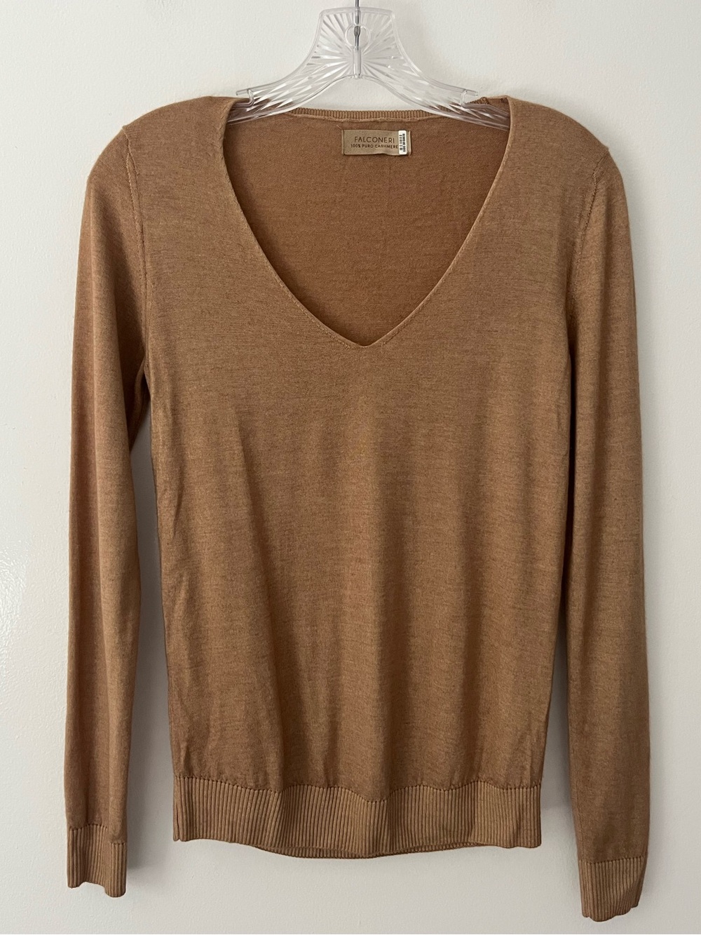 Falconeri 100% Cashmere Tan Brown Knit V Neck Sweater Classic Quiet Luxury XS